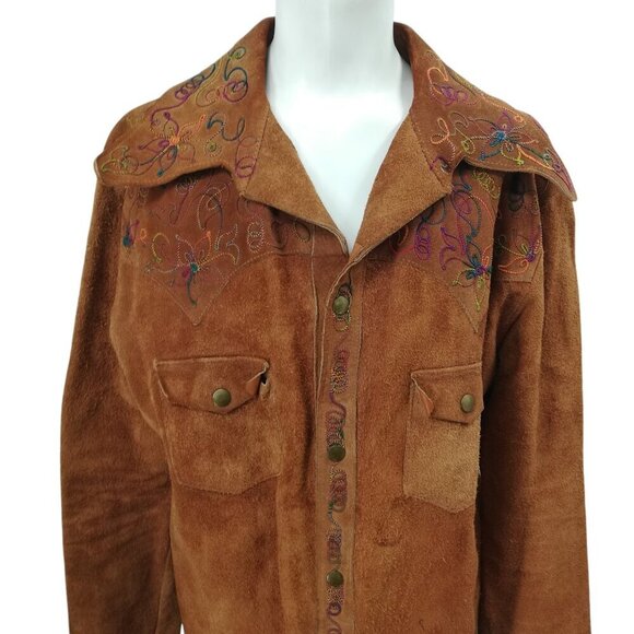 Vintage Suede Embroidered Snap Western Jacket Shirt Size XL Brown Rainbow Collar - Picture 6 of 13